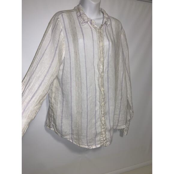 CP Shades Striped Linen Long Sleeve Button Up Shirt Womens Large White Coastal - Picture 2 of 9